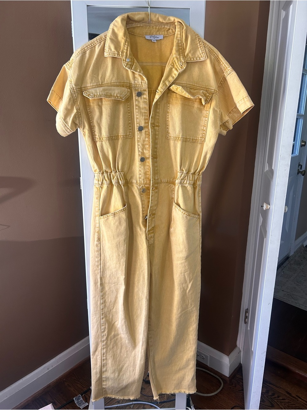 Polagram Denim Jumpsuit - Button Front Short Sleeve, mustard, medium, great con